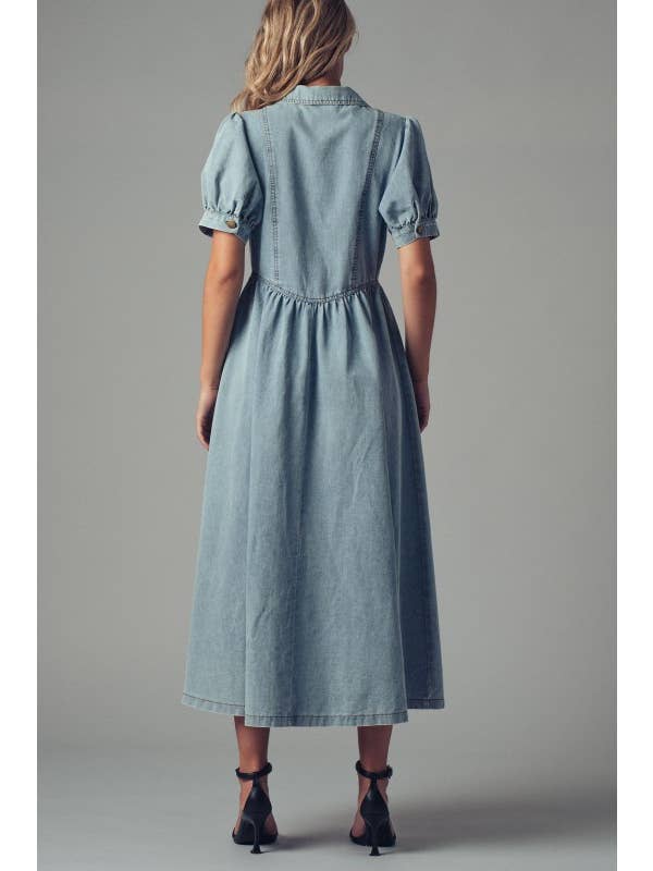 Puff Sleeve Denim Midi