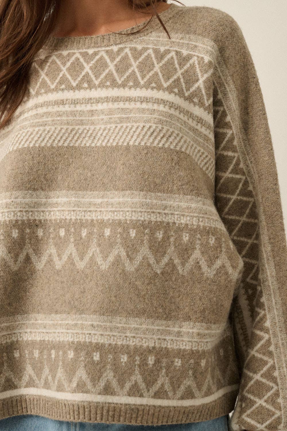 Fair Isle Jacquard-Knit Dolman Bubble-Sleeve Sweater