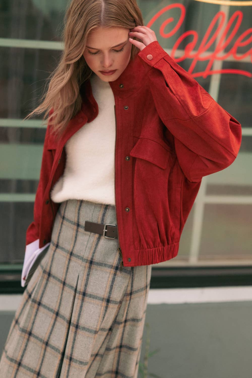 Pleated Plaid Midi Skirt