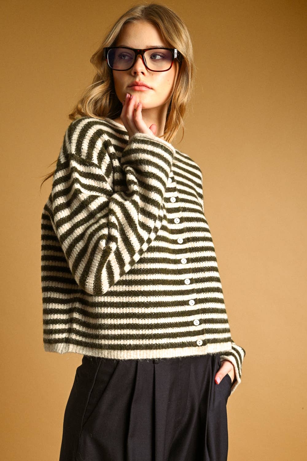 Callie's Striped Cardigan - Dark Olive