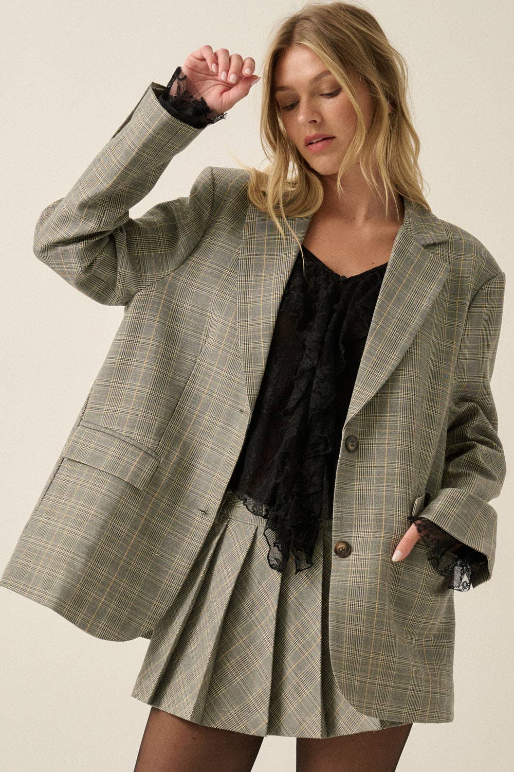 Plaid Oversized Two-Button Blazer Jacket