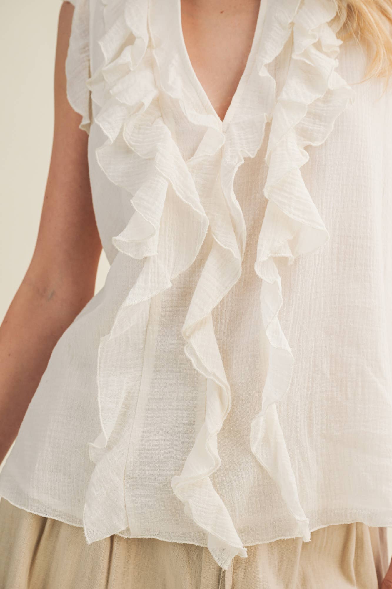 Sculptural Waterfall Ruffle V-Neck Top