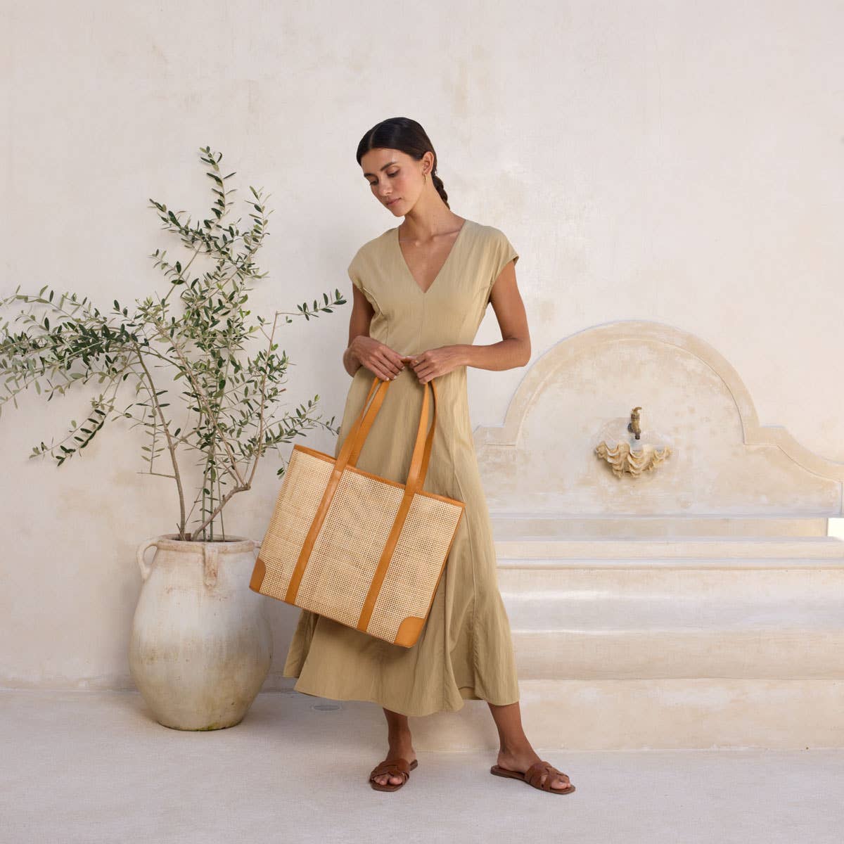 Oversized Rattan Square Weave Tote Brown Leather Crosshatch