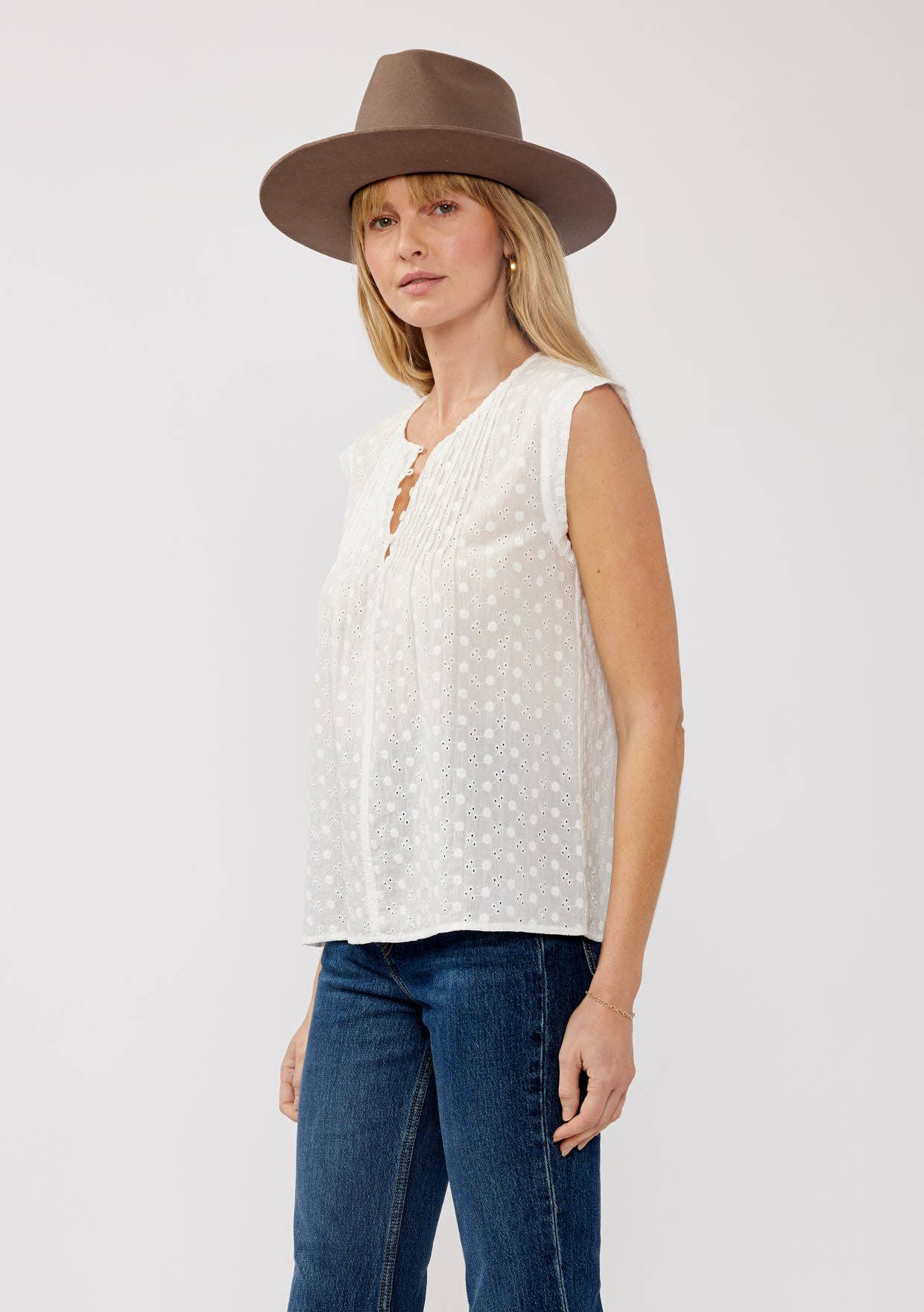 Floral Embroidered Pintuck Sleeveless Top