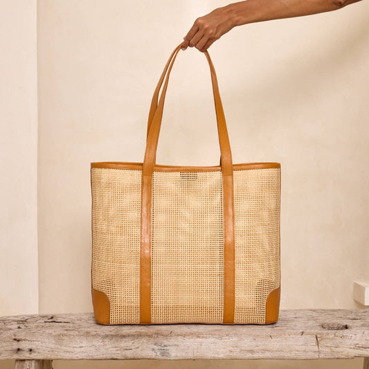 Oversized Rattan Square Weave Tote Brown Leather Crosshatch
