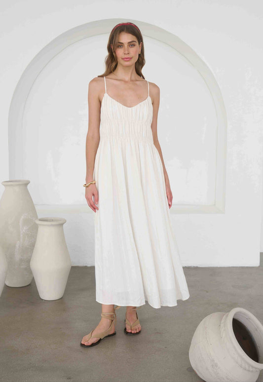 Shirred Striped Midi Dress