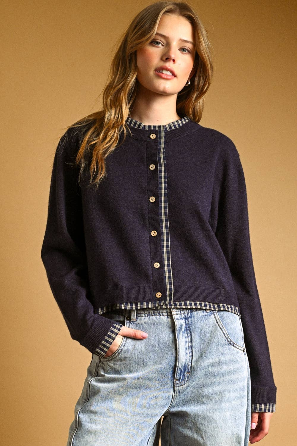 Plaid Contrast Cardigan