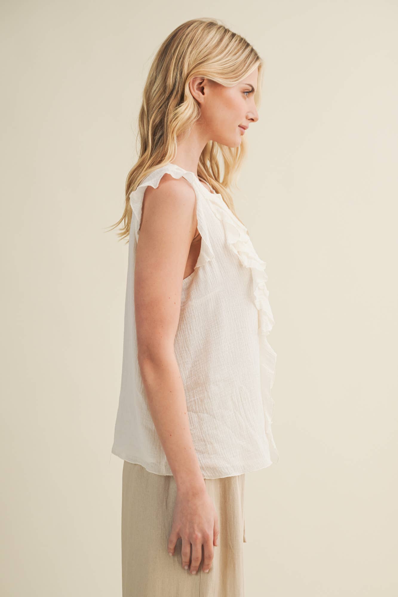 Sculptural Waterfall Ruffle V-Neck Top