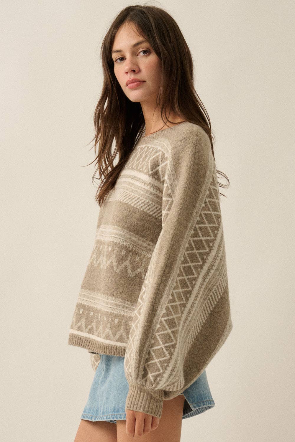 Fair Isle Jacquard-Knit Dolman Bubble-Sleeve Sweater