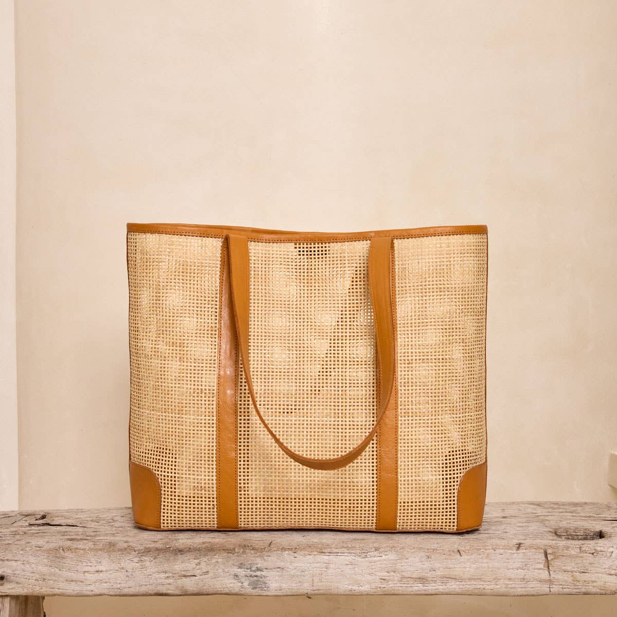 Oversized Rattan Square Weave Tote Brown Leather Crosshatch