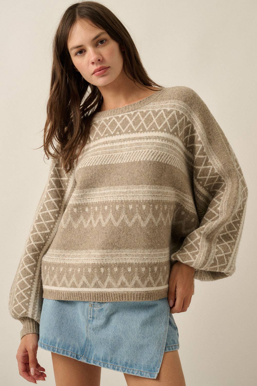 Fair Isle Jacquard-Knit Dolman Bubble-Sleeve Sweater