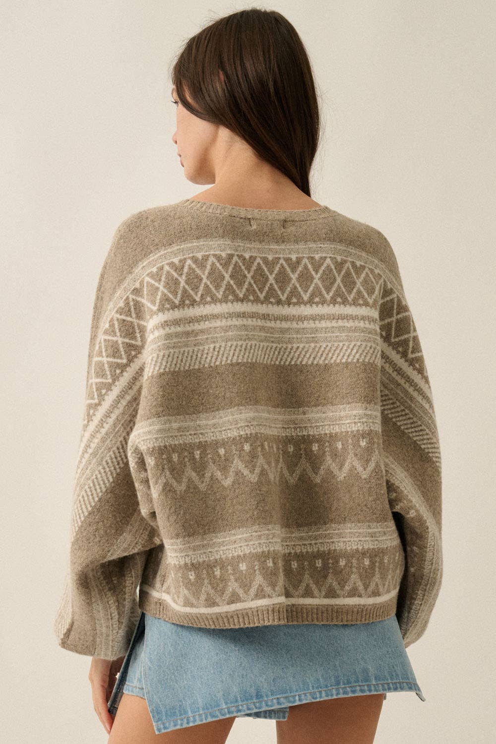 Fair Isle Jacquard-Knit Dolman Bubble-Sleeve Sweater