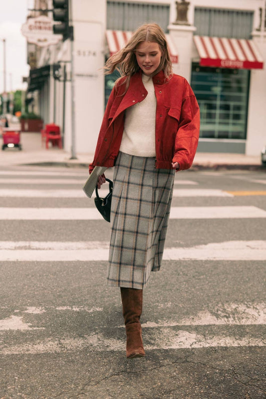 Pleated Plaid Midi Skirt
