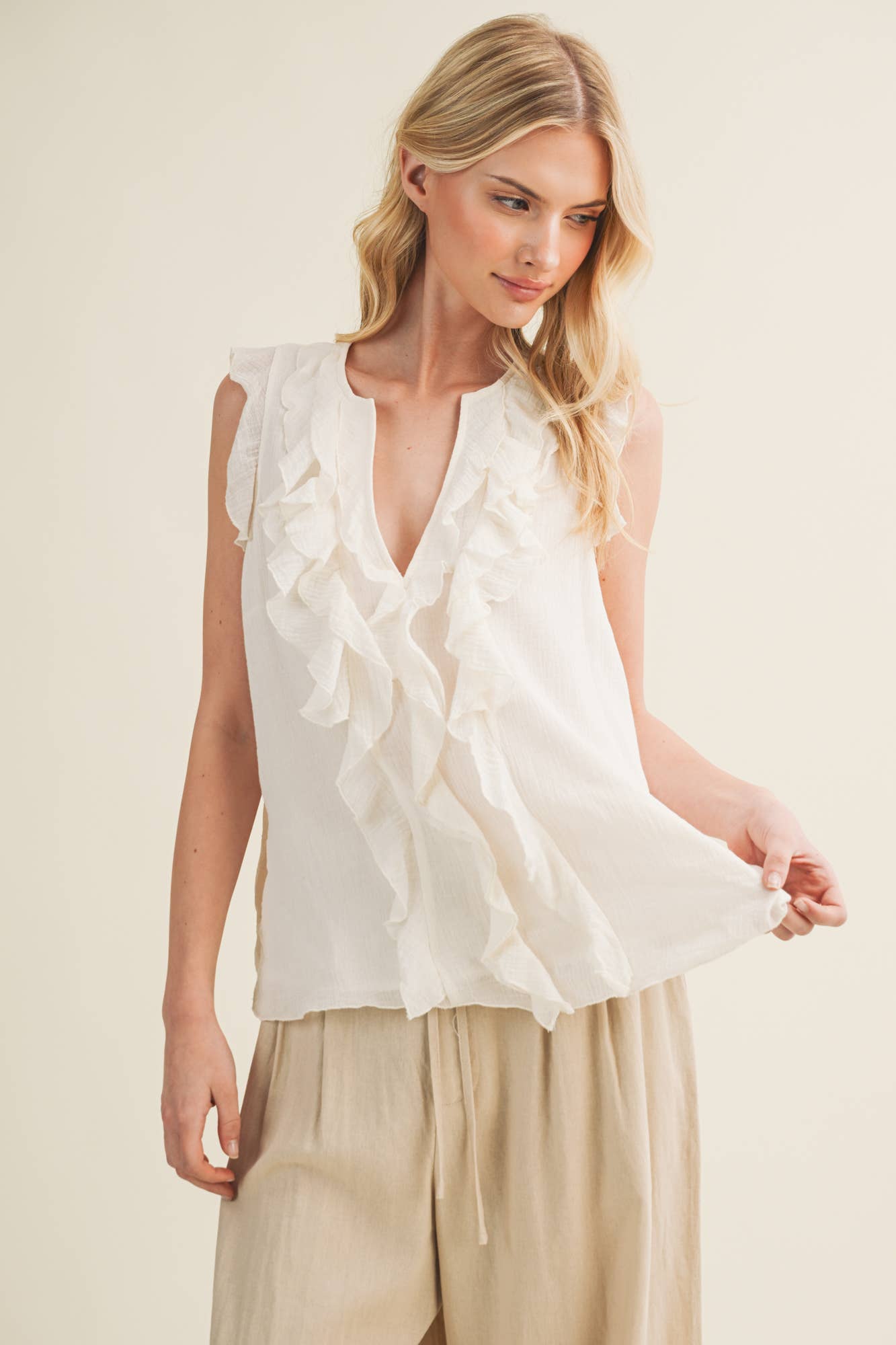 Sculptural Waterfall Ruffle V-Neck Top