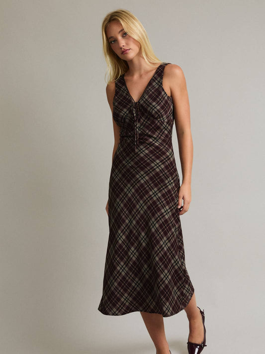 V Neck Plaid Dress