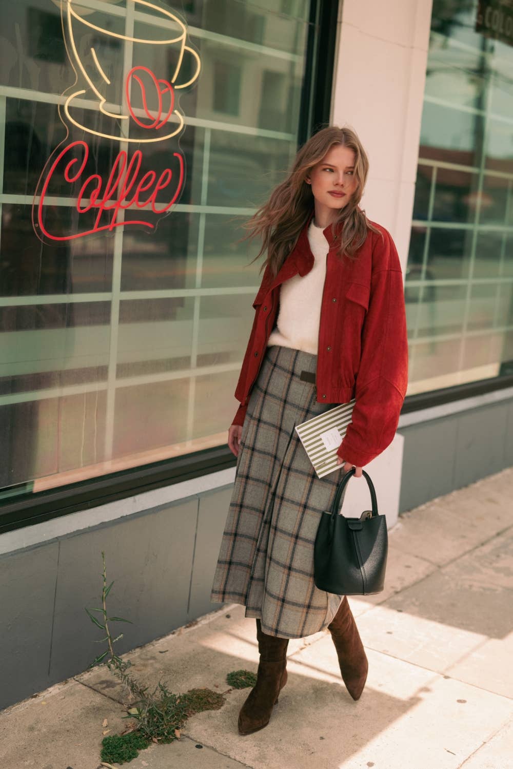 Pleated Plaid Midi Skirt