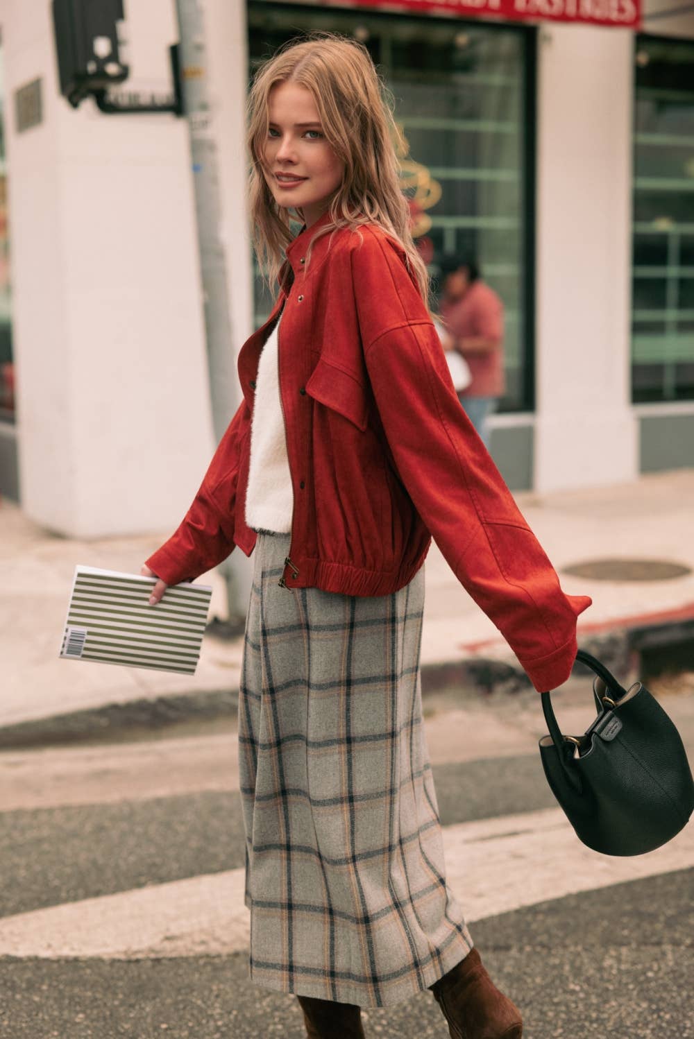 Pleated Plaid Midi Skirt