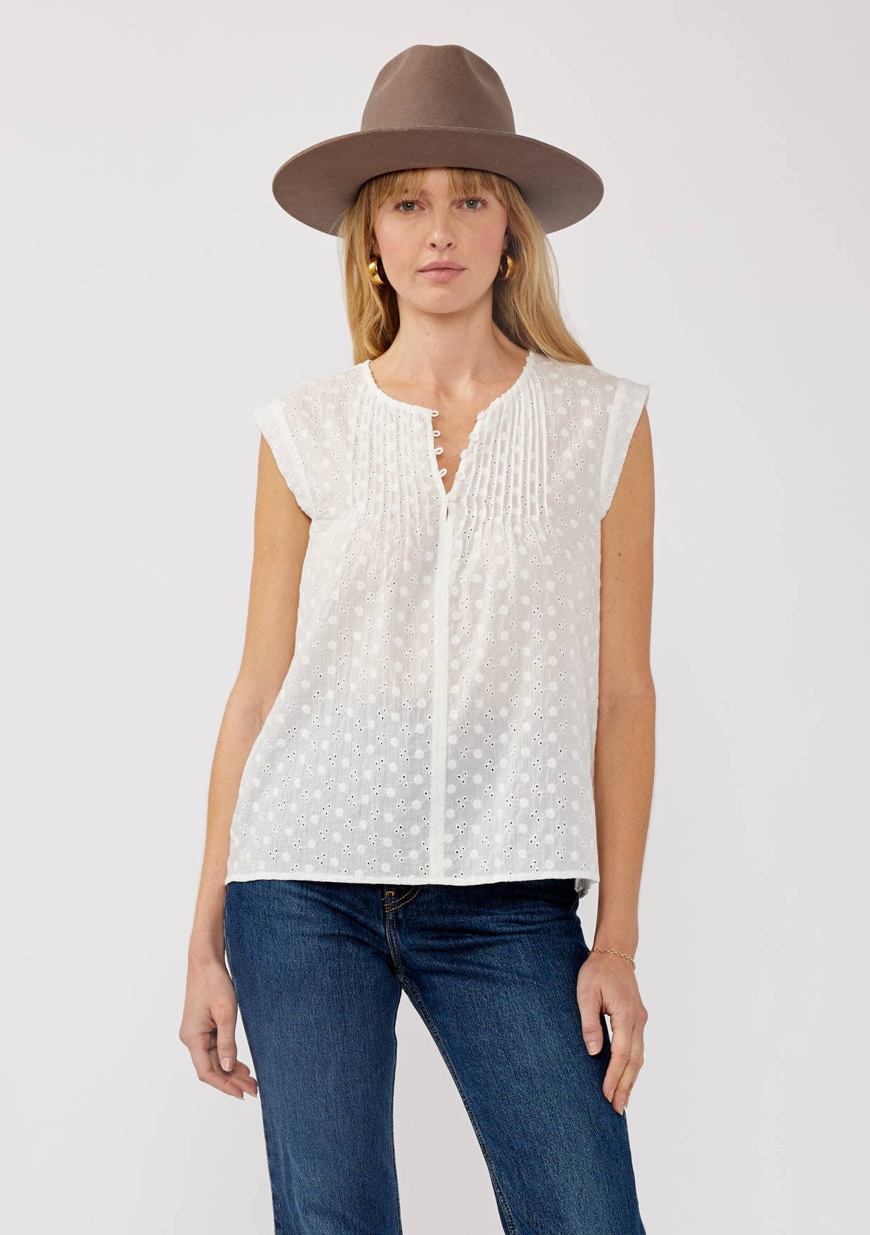 Floral Embroidered Pintuck Sleeveless Top