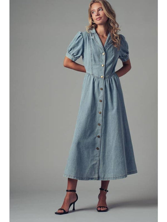 Puff Sleeve Denim Midi