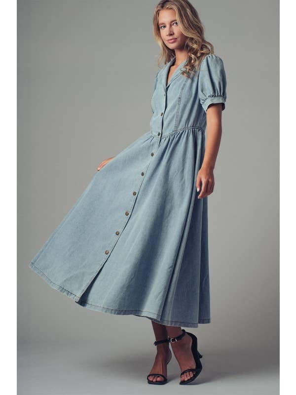 Puff Sleeve Denim Midi