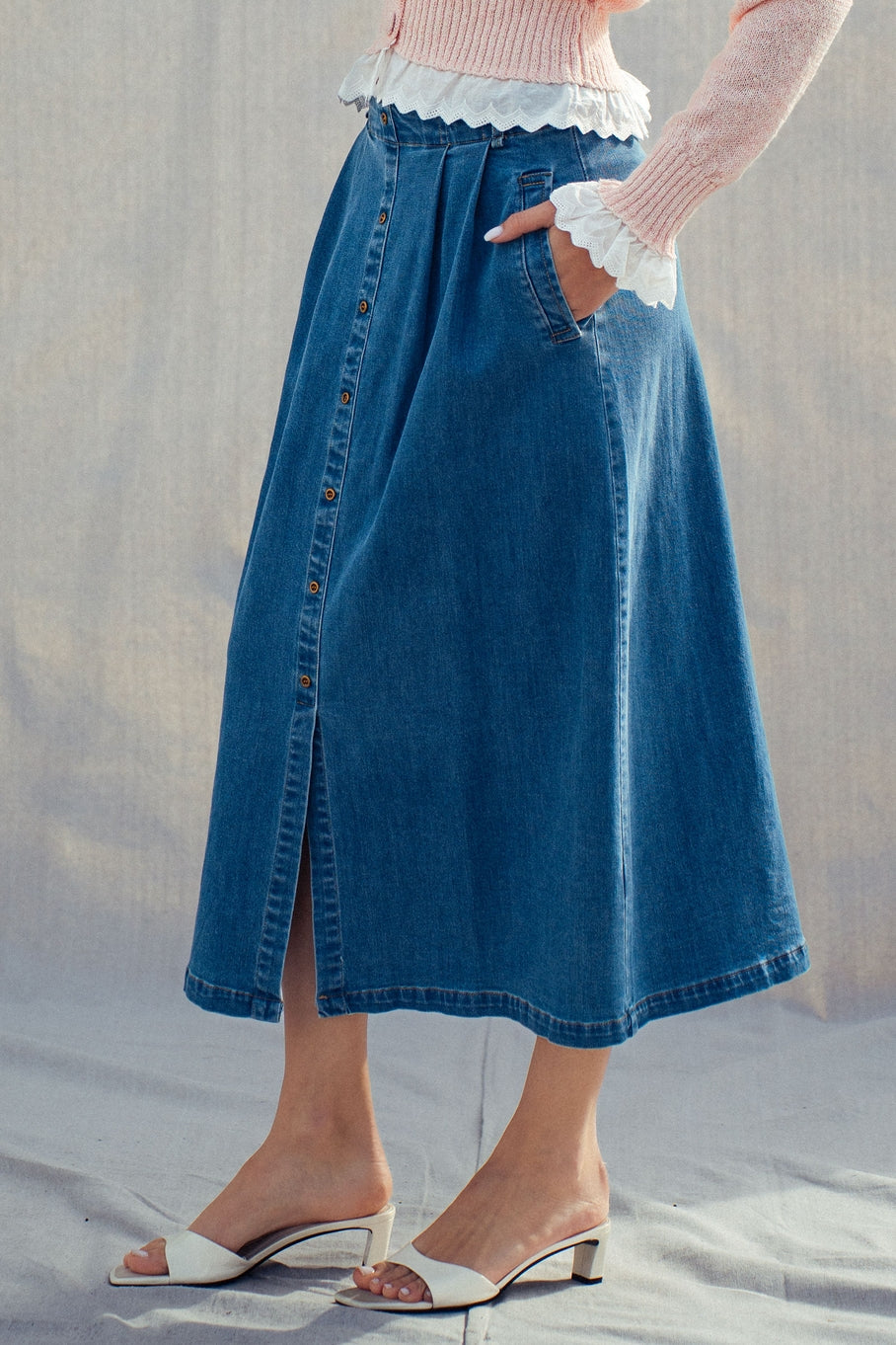 Button Front Midi Skirt